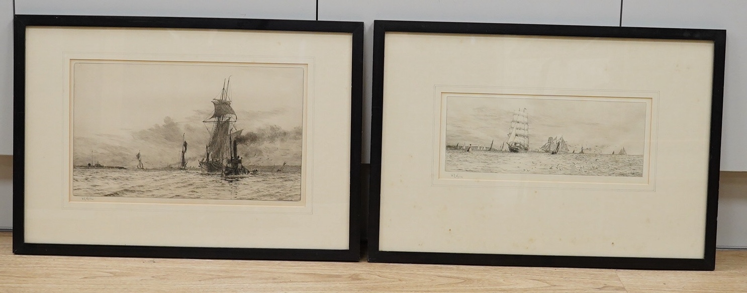 William Lionel Wyllie (1851-1931), two etchings, signed in pencil, comprising Shipping the tow rope and Fantome and Sunbeam, largest 23 x 39cm. Condition - fair